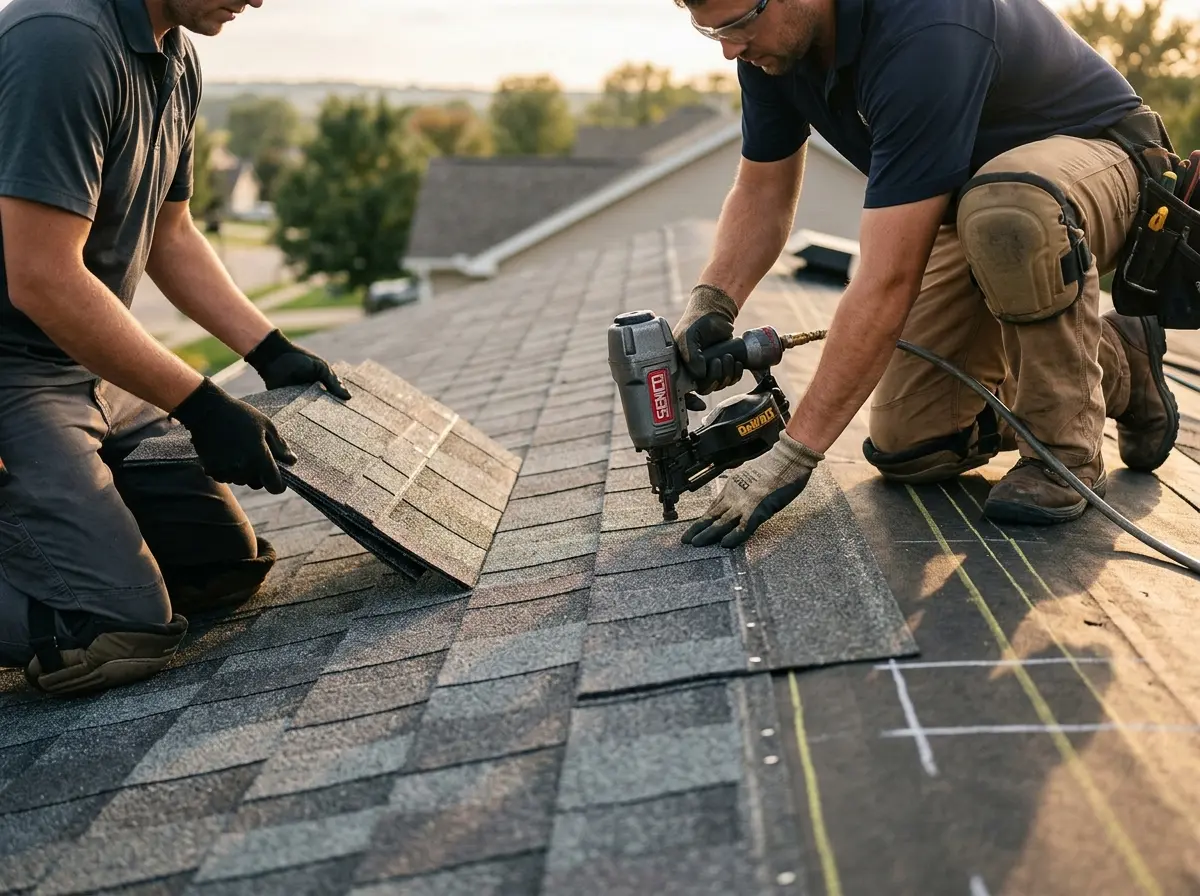Professional roofer working on a residential roof in Oroville East